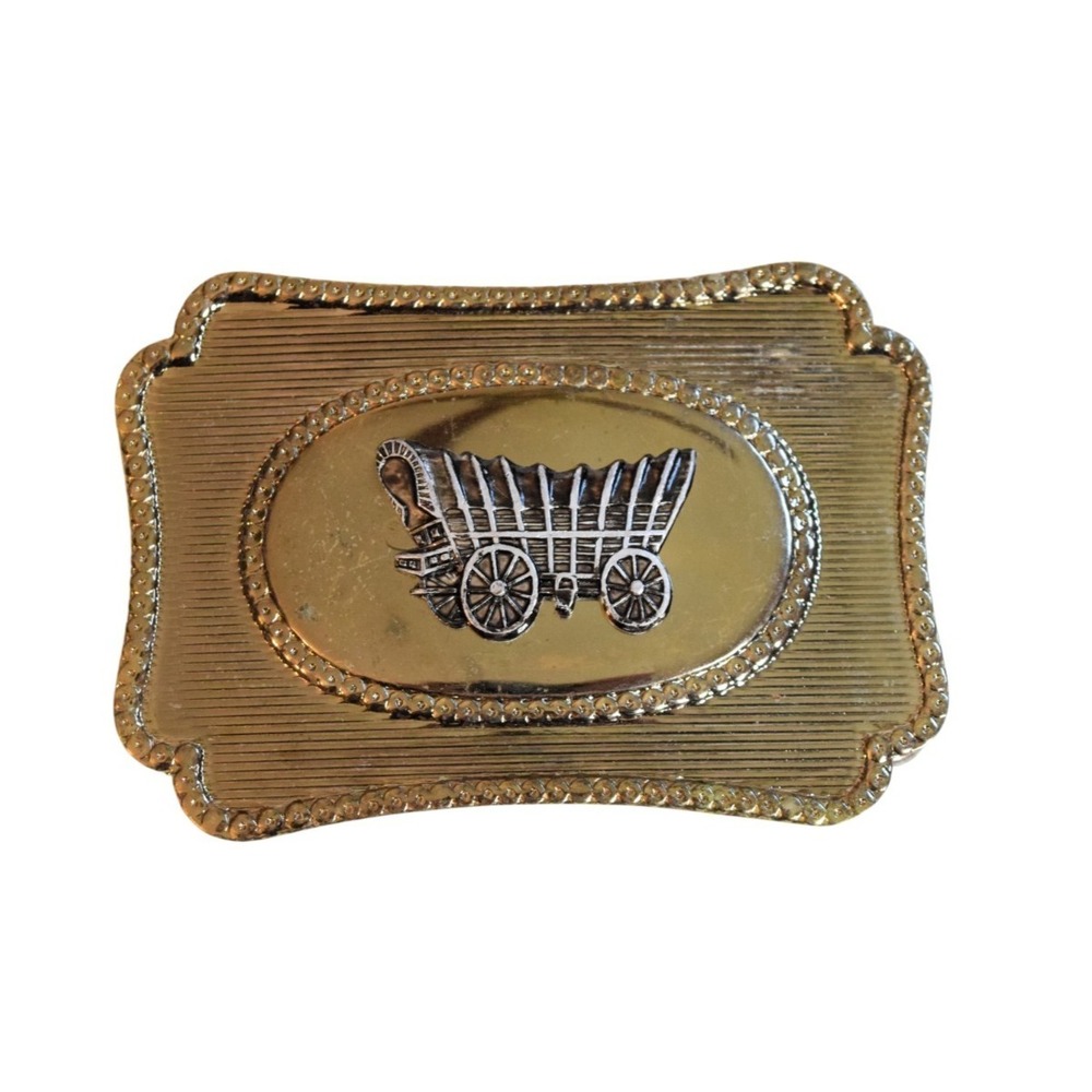 Vintage Two Tone Western Covered Wagon Belt Buckle Gold Silver Tone 1970s